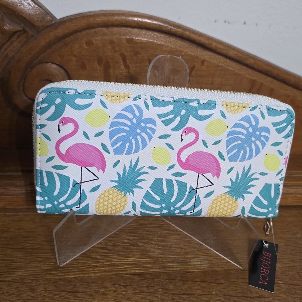 BAJORCA Women's Large Zip Around Accordion Wallet with Flamingo Print NWT